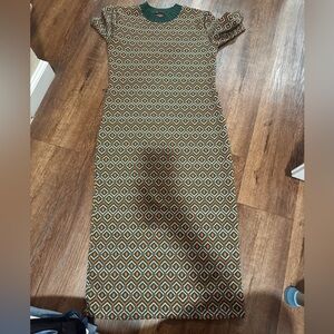 Geometric Patterned zara Dress - Green and Orange. Midi length